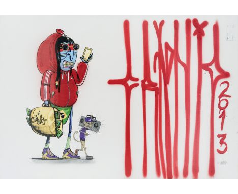 Cranio (Brazilian 1982-), 'Untitled', 2013, unique, heavily hand embellished screen print on stock paper, signed and dated in