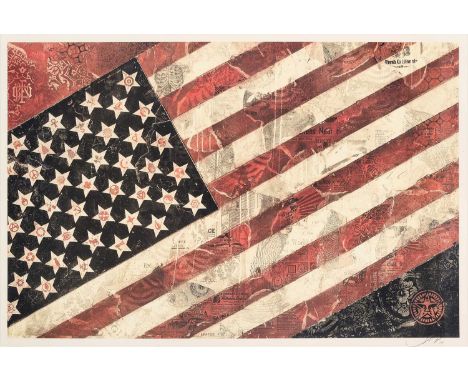 Shepard Fairey (American 1970-), 'Flag', 2011, offset lithograph in colours on speckle tone paper, signed and dated in pencil