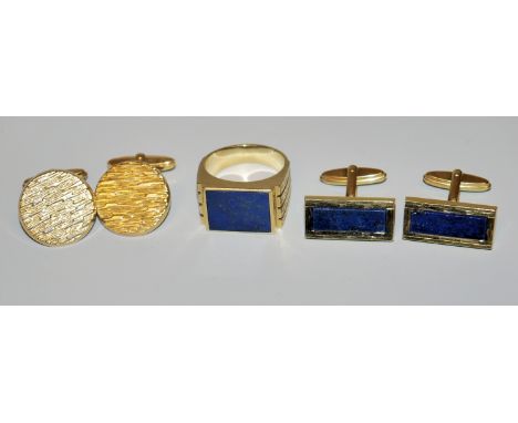 Herrenring und dazu passenden Manschettenknöpfen mit Lapislazuli, Gold &amp;amp; paar Manschettenknöpfe, GoldAlle 14kt Gelbgo