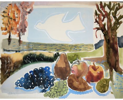 Hans Kuhn, Stillleben mit Taube, signiertes Aquarell von 1936Hans Kuhn, 1905 - Baden Baden - 1991, Früchtestillleben mit Land
