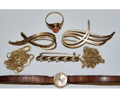 Sammlung Goldschmuck &amp;amp; Damenarmbanduhr Tasso, Gold14kt Gelbgold: Brosche, besetzt mit Perlchen; Kette, zus. 9,82 g; 8