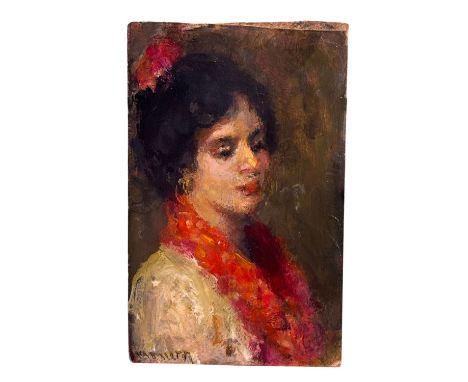 Portrait of a woman (artistic sketch) - Small oil painting on cardboard, 20th century Italian school, depicting Portrait of a