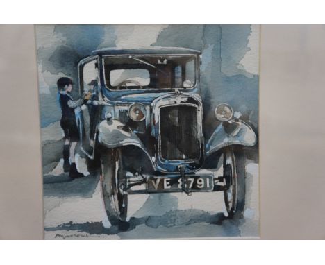 Signed watercolour of a vintage car, indistinct signature 