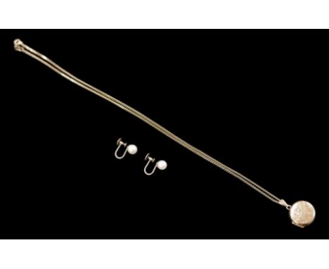 A 9ct gold locket pendant, 2cm diameter, with necklace, 7g, 49cm long, and a pair of 9ct gold pearl earrings, 1.8g. (1 bag) 