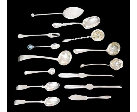 A collection of George III and later silver flatware, including a George III salt spoon, Richard Crossley, London 1787, 10cm 