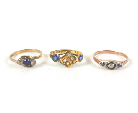 A group of three 9ct gold rings, each set with blue and white stones, sizes N, O, and R, 5.2g total. (3) 