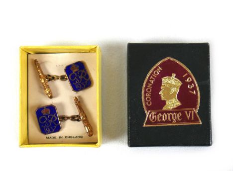 An unusual pair of George VI 1937 Coronation cufflinks, gilt metal and blue enamel, the 'fronts' 15.5 by 12mm, in original bo