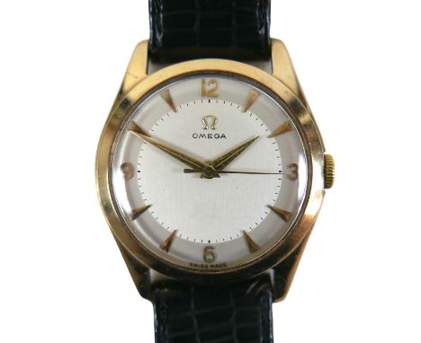 A 9ct gold cased Omega gentleman's wristwatch, 1950's, 3.6.9.12 dial, arrow batons, gold hands, centre seconds, on a black le