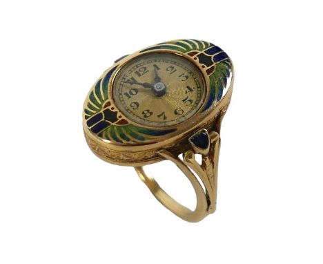 An Art Deco Egyptian Revival 18ct yellow gold and enamelled ring watch, the circular gilt guilloche dial with black Arabic nu