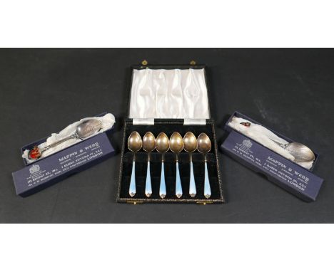 A set of six Elizabeth II silver and blue enamel spoons, a/f some damage, Adie Bros, Birmingham 1955, 9.5cm long, cased, toge