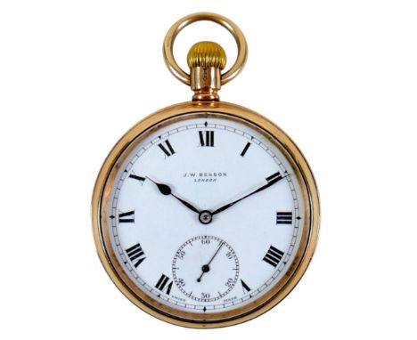 A George V 9ct gold cased open faced pocket watch by J. W. Benson, London, keyless wind, white enamel dial with black Roman n