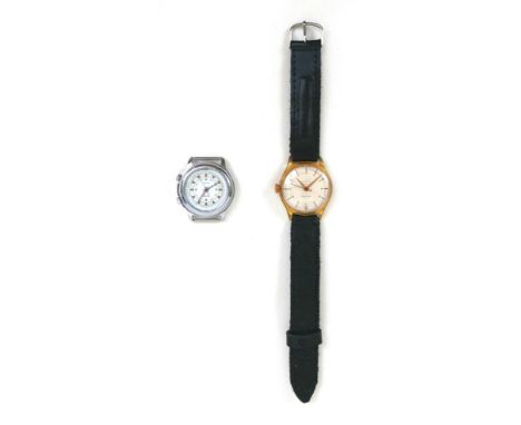 A vintage Russian Poljot Noovet alarm wristwatch, 36mm case, no strap, together with another watch with exposed movement. (2)