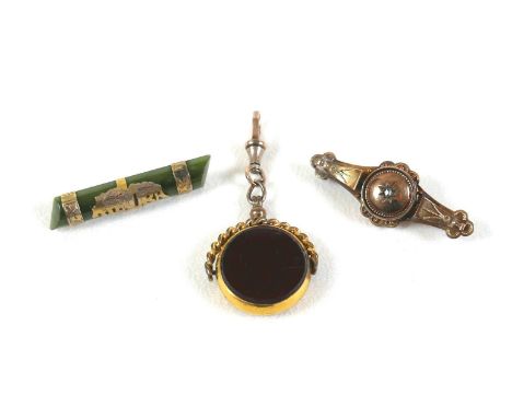 A Victorian 9ct gold and and diamond set brooch, a spinach jade bar brooch, set with a gold 'Kia Ora' inscription, 45mm, and 