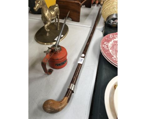 A WOODEN IRISH STYLE WALKING STICK WITH SILVER PLATED COLLAR 