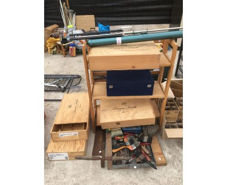 A SHELVING UNIT WITH EMPTY WINE BOXES AND A GALVANISED DRAWER WITH TOOLS 