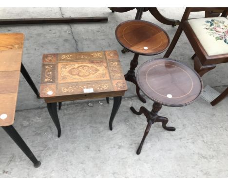 AN INLAID MAHOGANY SEWING TABLE AND TWO INLAID MAHOGANY WINE TABLES 