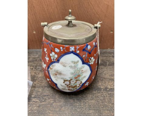 A CHINESE CERAMIC BISCUIT BARREL WITH SILVER PLATED LID AND HANDLE 