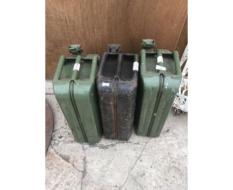 THREE VINTAGE JERRY CANS TO INCLUDE A SHELL EXAMPLE 