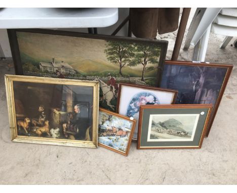 SIX PICTURES TO INCLUDE A PAINTED HUNTING SCENE 