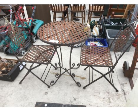 A BISTRO STYLE TABLE AND TWO CHAIRS 