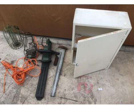 A SMALL WOODEN CABINET, A BLACK AND DECKER GTC300 HEDGE CUTTER, AN INSPECTION LAMP ETC 