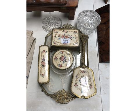 A VINTAGE LADIES EMBROIDERED DESIGN DRESSING TABLE SET 