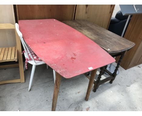 A FORMICA TOPPED KITCHEN TABLE AND WHITE DINING CHAIR AND AN OVAL OAK DROP LEAF DINING TABLE ON BARLEY TWIST SUPPORTS 