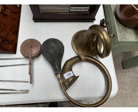 A VINTAGE BRASS HORN AND FURTHER EXAMPLE 