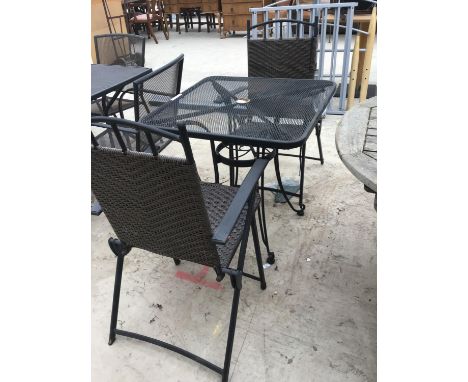 A SQUARE METAL GARDEN TABLE WITH TWO FOLDING CHAIRS 