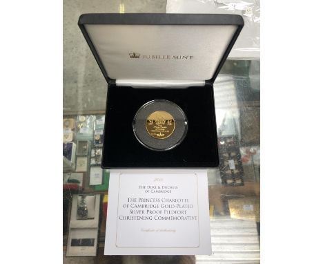 2015 THE PRINCESS CHARLOTTE OF CAMBRIDGE GOLD PLATED SILVER PROOF PIEDFORT CHRISTENING COMMEMORATIVE . THIS ITEM IS BOXED WIT