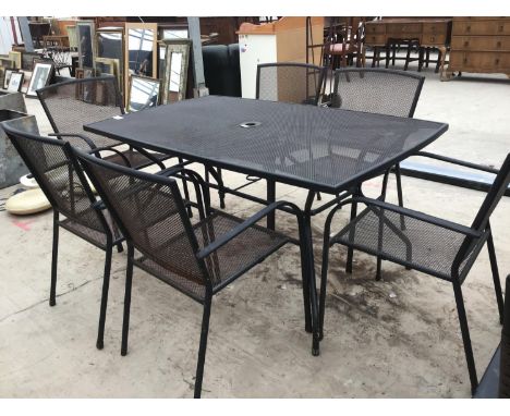 A METAL OBLONG GARDEN TABLE WITH SIX METAL GARDEN CHAIRS 