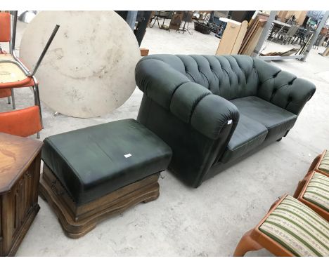 A GREEN LEATHER TWO SEATER BUTTON BACK CHESTERFIELD ARMCHAIR AND FOOTSTOOL 