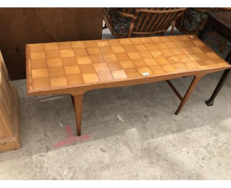 A RETRO TEAK COFFEE TABLE WITH PARQUET TOP 