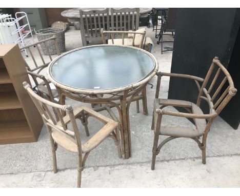 AN ANGRAVES LEICESTER BAMBOO PATIO TABLE AND FOUR CHAIRS 