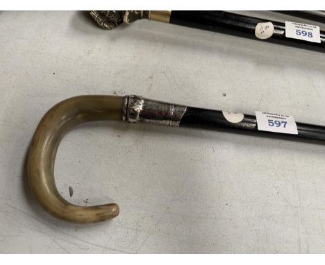 A CURVED HANDLED WALKING STICK AND HALLMARKED SILVER COLLAR 