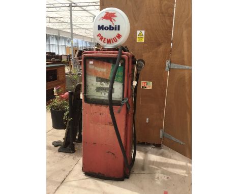 A VINTAGE PETROL PUMP FOR RESTORATION WITH DISPENSING PIPE/NOZZLE AND GLASS 'MOBIL PREMIUM' TOP 
