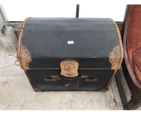 A VINTAGE LEATHER DOME TOPPED TRUNK/ TRAVEL CHEST 