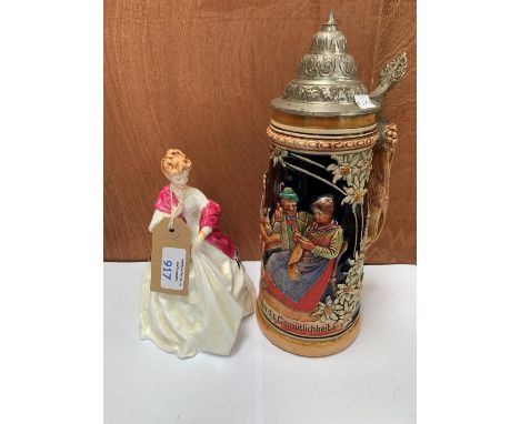 A ROYAL WORCESTER BONE CHINA 'FIRST DANCE' 3629 LADY FIGURE AND A GERMAN BEER STEIN (2) 