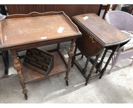 THREE OAK ITEMS - A TEA TROLLEY, LETTER RACK AND A SMALL DROP LEAF TABLE ON BARLEY TWIST SUPPORTS 