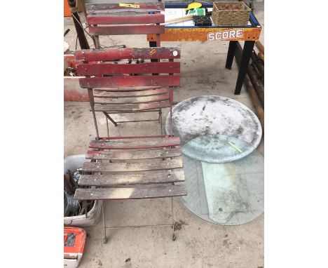 A PAIR OF WOODEN BISTRO STYLE CHAIRS AND A ROUND TABLE TOP WITH GLASS ETC 