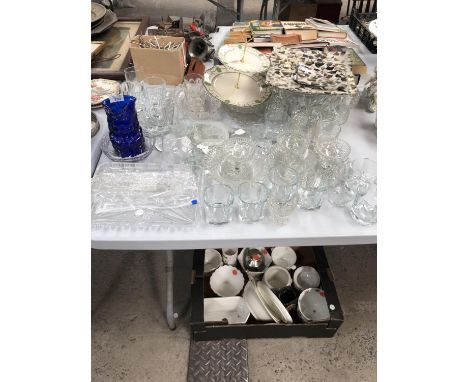 A LARGE GROUP OF ASSORTED GLASS WARE AND CERAMICS (BOX UNDER TABLE) 