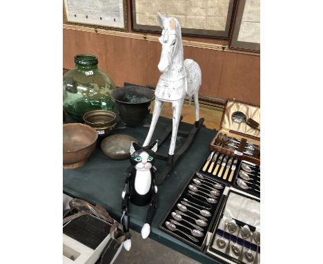 A WOODEN HORSE AND SHELF PUPPET CAT (BOTH A/F) 