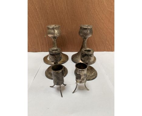 TWO PAIRS OF HALLMARKED SILVER CANDLE STICKS AND TWO CHINESE WHITE METAL MINIATURE POTS (6) 
