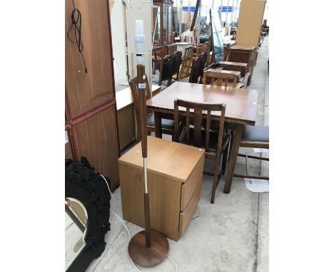 A RETRO TEAK STANDARD LAMP AND A TEAK EFFECT TWO DRAWER CABINET 