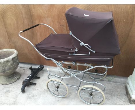 A VINTAGE BROWN SILVER CROSS PRAM 
