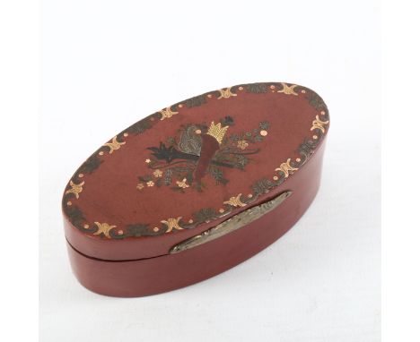 A 19th century tortoishell box with gold and silver metal inlay, length 9cmInlay missing to quiver on front panel otherwise g