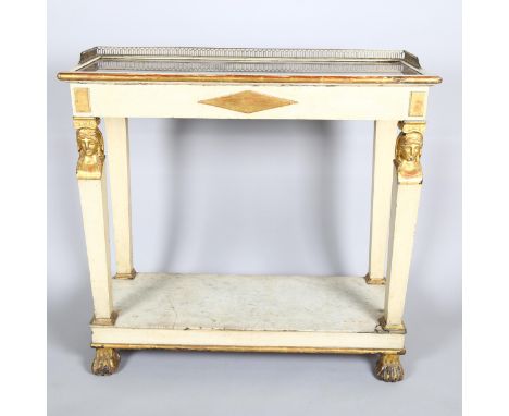 A 19th century French Neo-Classical console table, the brass galleried top having an inset printed panel, Classical mask deco