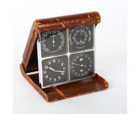 An Art Deco leather/chrome-cased travelling combination clock/thermometer/barometer/calendar, circa 1930, no maker's marks, c