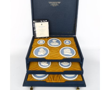 A set of 14 Wedgwood blue and white Jasper portrait medallions, largest 15cm, no. 167 from a limited edition of 200 sets, in 