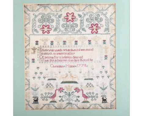 An 18th century needlework sampler, by Christian Milne 1770, 30cm x 26cmSeveral small holes in the backing cloth, needlework 